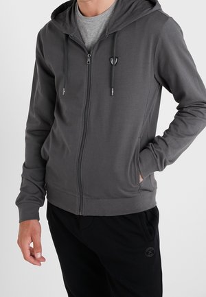 Man draagt een donkergrijze hoodie met rits en trekkoordjes over een lichtgrijze shirt, handen ontspannen, tegen een effen lichte achtergrond.