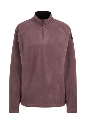 Mauve színű fleece pulóver, magas nyakkal, félig cipzárral és hosszú ujjal. Simaságot adó textúra, fekete kontrasztos részletekkel a nyak körül.