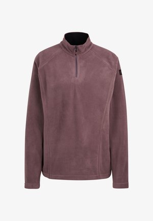 Mauve színű fleece pulóver, magas nyakkal, félig cipzárral és hosszú ujjal. Simaságot adó textúra, fekete kontrasztos részletekkel a nyak körül.