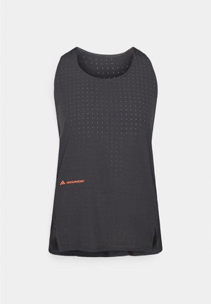 Black athletic tank top featuring a breathable perforated design, round neckline, and orange logo accent at the bottom left.