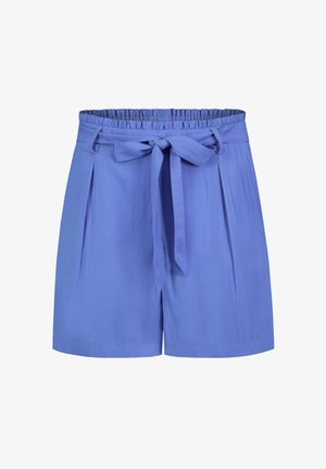 Blue shorts made of lightweight fabric, featuring a wide elastic waistband, tie detail at the front, and two side pleats.