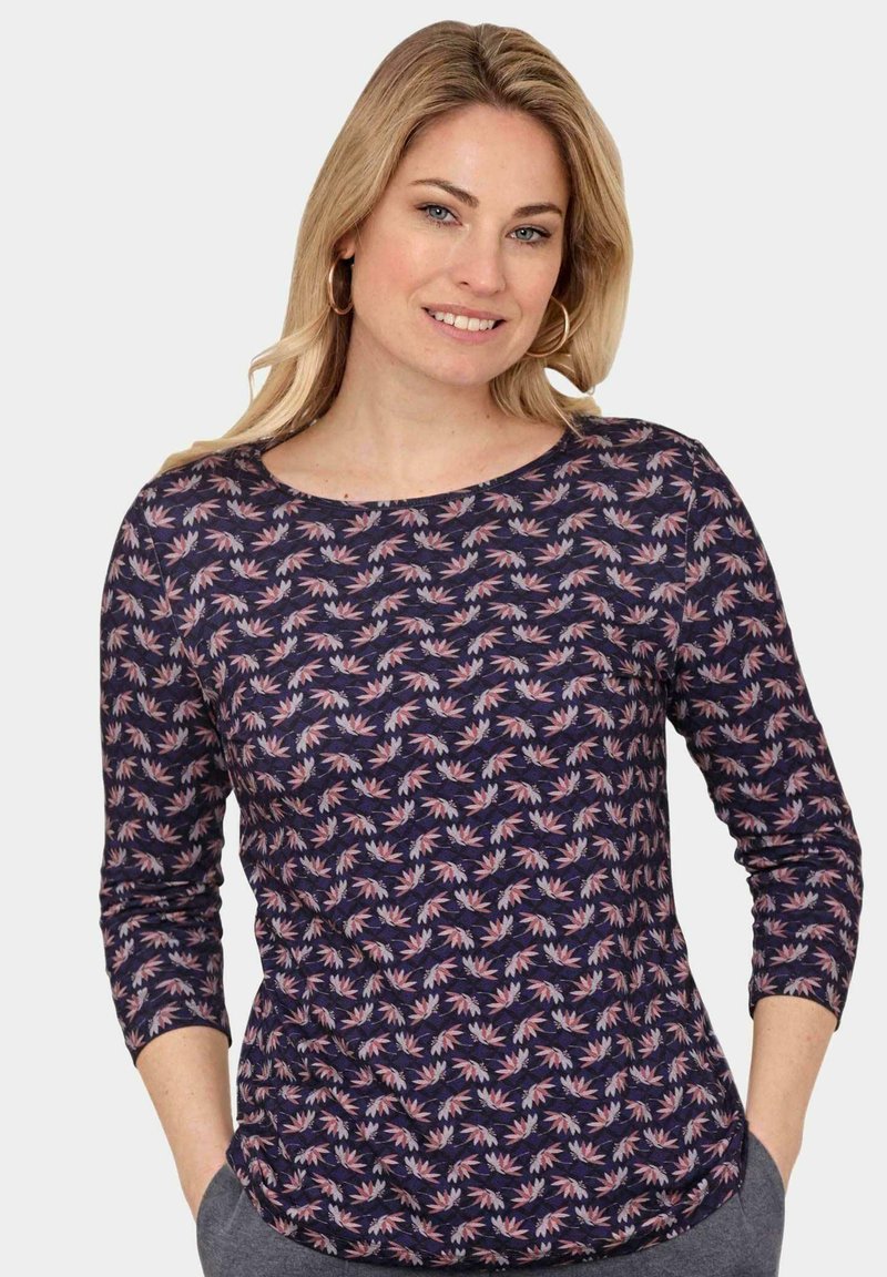 Marineblauses Hemd mit floralem Blattmuster in Rosa und Beige. Weicher Baumwollstoff mit Rundhalsausschnitt und lockerer Passform.