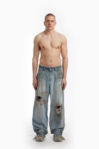 FAVELA KNEE DISTRESSED - Traperice opuštenog kroja - light blue dod black washed