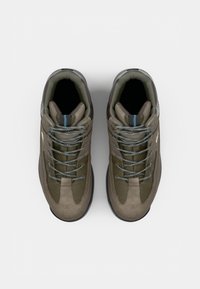 Olive green hiking shoes with mesh and suede upper, blue accents on laces, cushioned collar, and rubber sole.