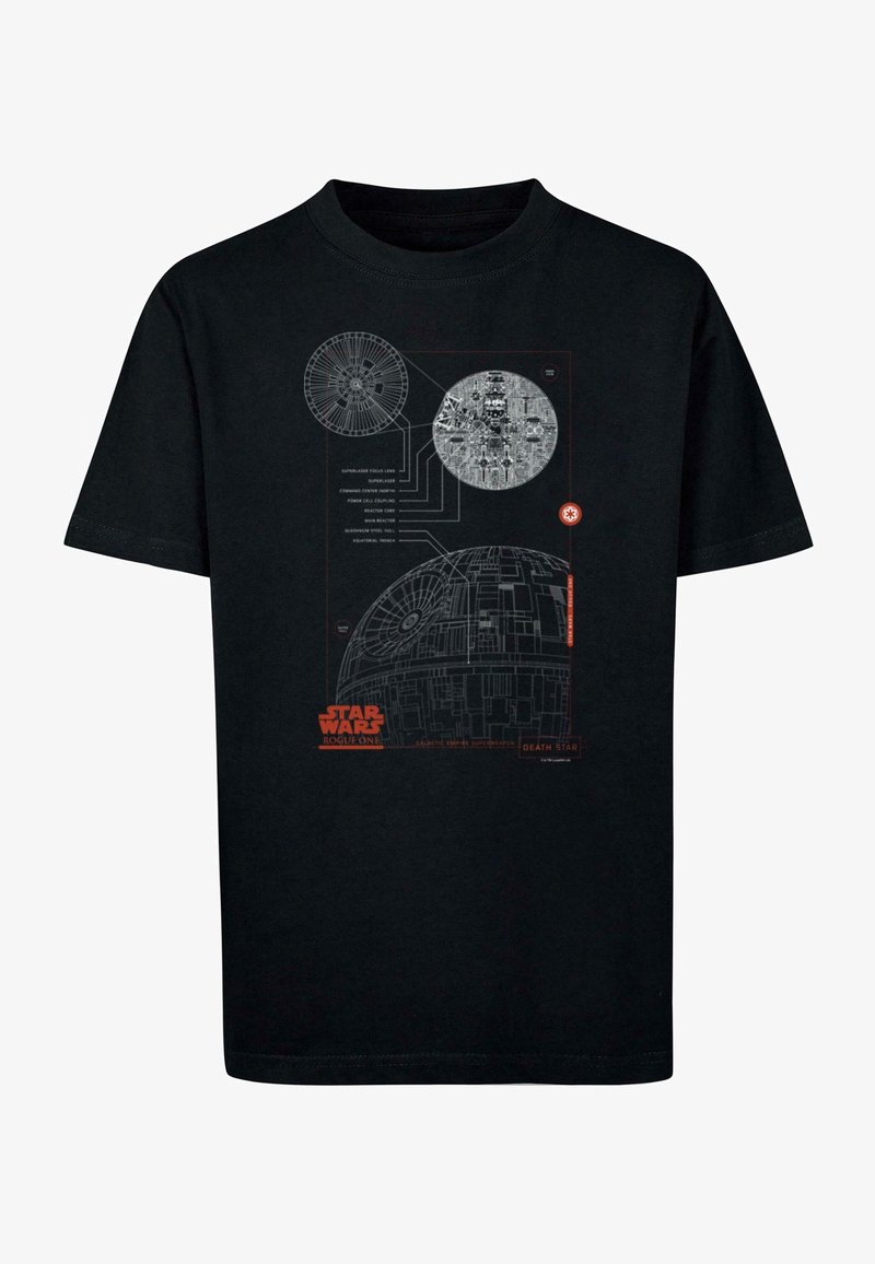 Musta puuvillatee, jossa on kuvio Kuolemantähdestä yksityiskohtaisine kaavioineen ja tekstillä harmaana ja punaisena. Lyhyet hihat, klassinen istuvuus.