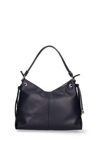 Marineblauwe leren handtas met een hobo-ontwerp, bovenste rits, gouden hardware en verstelbare schouderband. Gestructureerd oppervlak en slonzige vorm.