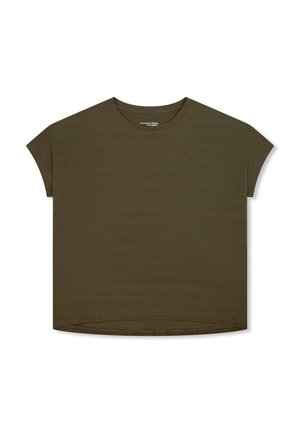 Unisex olive green cropped T-shirt with short sleeves and a round neckline, displayed flat on a white background.