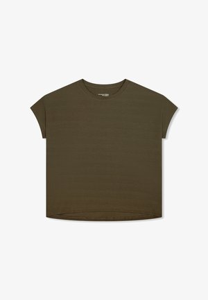 Unisex olive green cropped T-shirt with short sleeves and a round neckline, displayed flat on a white background.