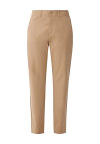 Pantalon beige à jambes droites avec fermeture à bouton et zip, poches avant et passants pour ceinture, présenté sur fond blanc.