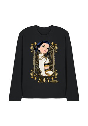 Black long-sleeve shirt with graphic of a woman in white and gold outfit, floral frame, and text "ZOEY" and "K-POP DEMON HUNTERS."