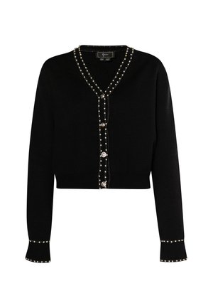 Zwarte cropped cardigan met een V-hals, versierd met parelachtige accentueringen langs de voorkant en mouwen, met een knoopsluiting.