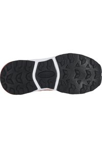 Svart gummi yttersula med djupa spår och vit mellansula, som har ett hexagonalt mönster och varumärket "WHISTLER" i mitten.