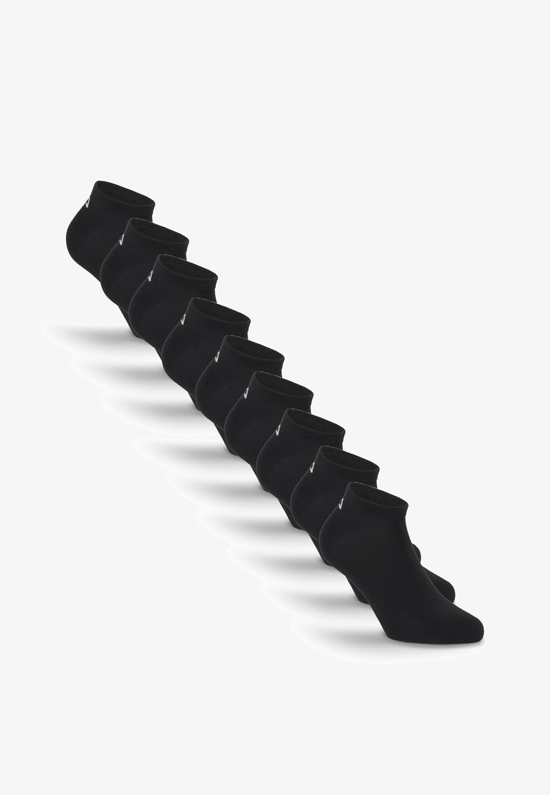 Paquet de neuf chaussettes de cheville noires disposées en diagonale avec un petit logo blanc près du bord-côte, sur fond blanc.