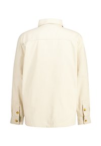 Crème katoenen overhemd met lange mouwen, een kraag, knoopmanchetten en een rechte zoom. Effen textuur met minimale ontwerpdetails.