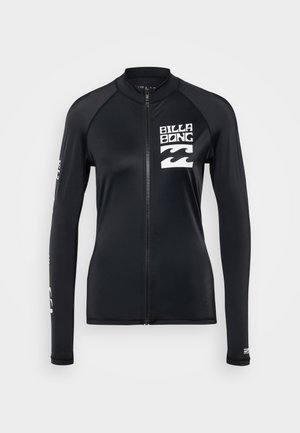 Črn rash guard z dolgimi rokavi in polnim zadrgo, s belim logotipom "BILLA BONG" in valovnim grafičnim motivom na prsih in rokavu. Gladek, elastičen material.