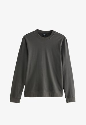 Temno siva jopa z dolgimi rokavi in okroglim izrezom, z rebrastimi manšetami in robom, prikazana na belem ozadju.