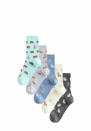 Fünf Paare von Crew-Socken in verschiedenen Farben: hellblau, grau, beige, hellgelb und dunkelgrau. Jede Socke hat Tier- und Naturmuster.