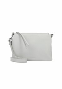 Borsa a tracolla in pelle grigia con un design minimalista, dotata di chiusura con zip, lunga tracolla regolabile e un logo discreto nella parte inferiore.