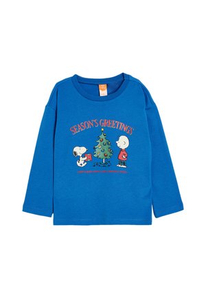 Blaues Langarm-T-Shirt mit den Cartoon-Charakteren Snoopy und Charlie Brown, einem Grafik eines Weihnachtsbaums und dem Text "Frohe Festtage".