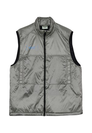 Zilveren mouwloos gewatteerd vest met ritssluiting aan de voorkant, opstaande kraag, zijzakken en blauw "HALO"-logo op de linkerborst.