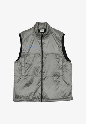 Zilveren mouwloos gewatteerd vest met ritssluiting aan de voorkant, opstaande kraag, zijzakken en blauw "HALO"-logo op de linkerborst.