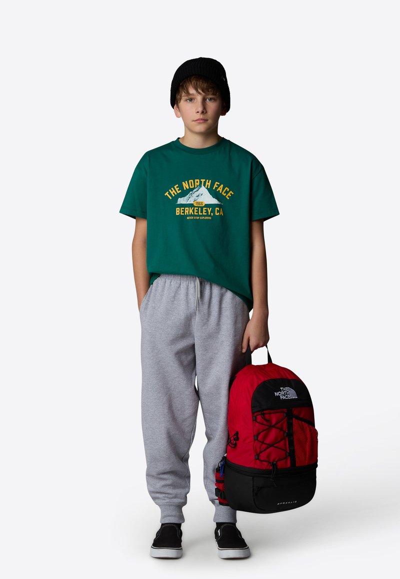 Green t-shirt with yellow graphic, gray sweatpants, black beanie, and red backpack with black accents and mesh detailing. Black skate shoes.