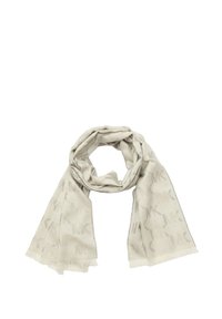 Sciarpa leggera beige realizzata in morbido tessuto, con un sottile motivo di loghi "MK" intrecciati e bordi frangiati.