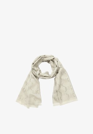 Lichtbeige sjaal van zacht materiaal, met een subtiel patroon van in elkaar grijzende "MK" logo's en franjes aan de randen.