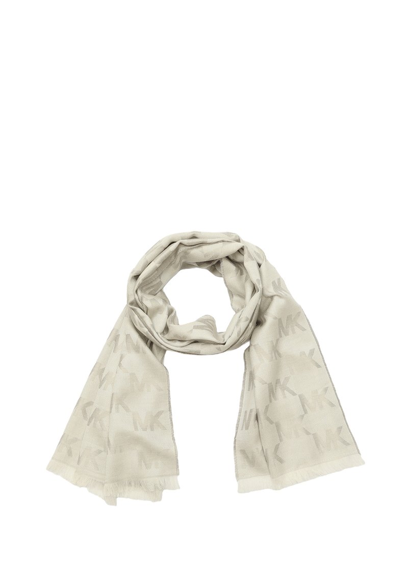Sciarpa leggera beige realizzata in morbido tessuto, con un sottile motivo di loghi "MK" intrecciati e bordi frangiati.