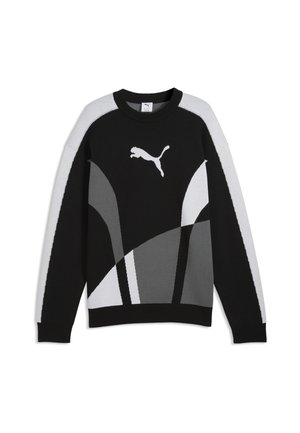 Black, gray, and white long-sleeve sweater with abstract geometric patterns and Puma logo centered on the chest.