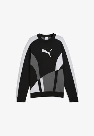 Schwarzer, grauer und weißer Pullover mit langen Ärmeln, abstrakten geometrischen Mustern und Puma-Logo mittig auf der Brust.