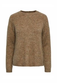 Pull en tricot marron avec un col rond, des manches longues et une finition douce et texturée. Présente une coupe décontractée et un design minimaliste.