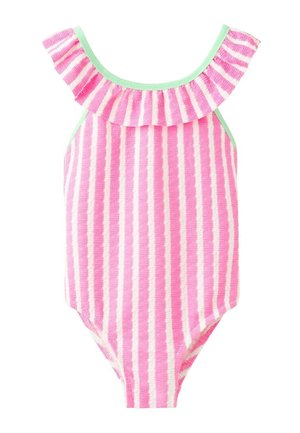 Ružičasto-bijeli jednodijelni kupaći kostim s okomitim prugama i naboranim izrezom ispod ramena obrubljenim svijetlo zelenom bojom.