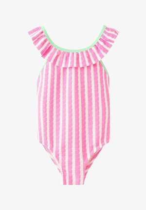 Ružičasto-bijeli jednodijelni kupaći kostim s okomitim prugama i naboranim izrezom ispod ramena obrubljenim svijetlo zelenom bojom.