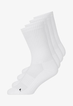 Weisse Socken mit geripptem Muster, verstärkter Ferse und Spitze sowie gepolsterter Sohle. Packung mit vier Paar, Größe L.