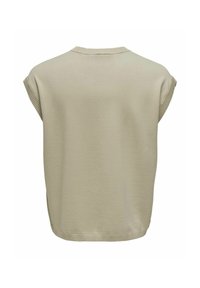 Sagegrüner oversized Pullover mit kurzen Ärmeln, geripptem Ausschnitt und Saum, aus weicher, glatter Stoffqualität ohne zusätzliche Muster.