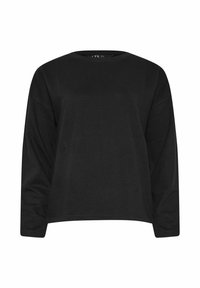 Musta pitkähihaine puuvillapaita, jossa on pyöreä kaula-aukko, rento istuvuus ja ei näkyviä kuvioita tai varusteita. Sujuva pinta, minimalistinen muotoilu.