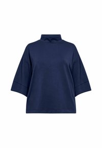 Top scurt de culoare albastru închis, cu guler înalt tip turtleneck și croială lejeră, expus pe un fundal alb.