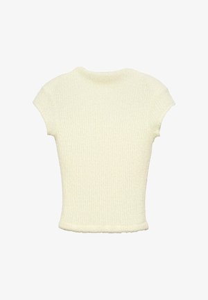 Kratkoročni svetlo kremni top iz teksturiranega, rebrastega materiala z oprijetim krojem in okroglim izrezom. Drugi detajli niso vidni.