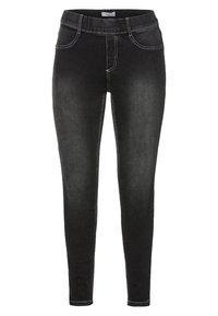 Musta, slim fit -leikkauksella varustetut farkut, joissa on korkea vyötärö, etutaskut ja kontrastina valkoinen saumaommel. Tasainen farkkukangas.