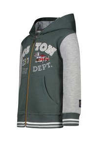 Groene en grijze zip-up hoodie met een brandweerauto afbeelding, ribgebreide manchetten en een buidelzak. Beschikt over witte gestreepte accenten aan de zoom.