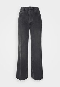 Jean noir taille haute à jambes larges avec ourlet brut et design classique à cinq poches.