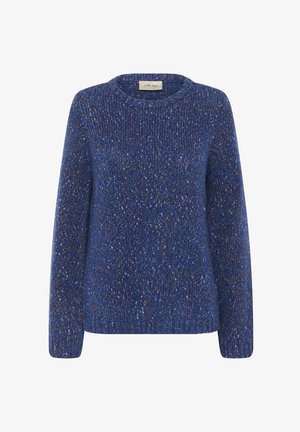 Pull en tricot bleu à manches longues, col rond et tissu texturé avec des éclats multicolores partout. Étiquette de marque visible à l'intérieur.