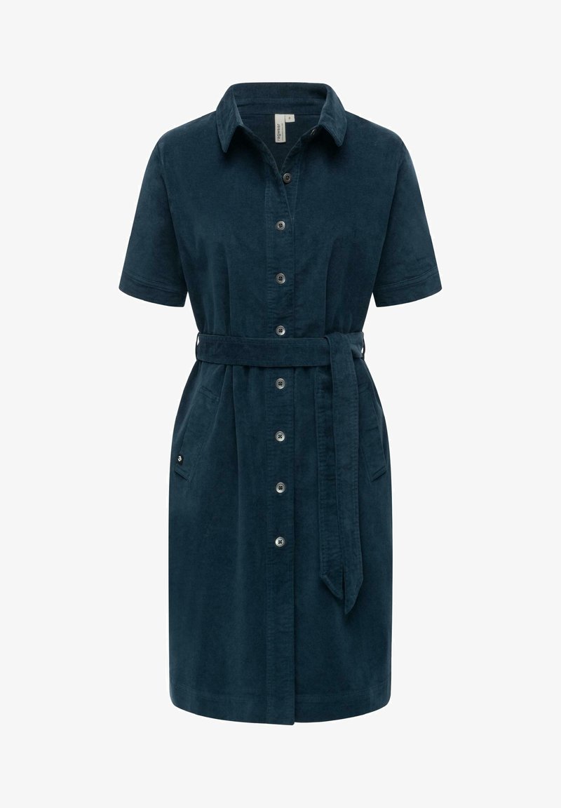 Hemdblusenkleid aus dunkelblauem Cordstoff mit kurzen Ärmeln, knöpfbarer Front, Gürtel in der Taille und Seitentaschen. Glatte Textur und figurbetonter Schnitt.