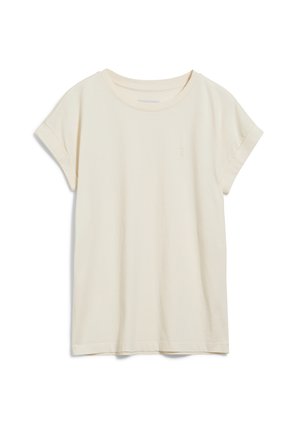 Camiseta de color crema de manga corta hecha de algodón suave, con un escote redondo y mangas enrolladas. Diseño sencillo sin patrones.