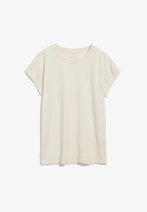 Camiseta de color crema de manga corta hecha de algodón suave, con un escote redondo y mangas enrolladas. Diseño sencillo sin patrones.