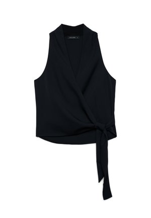 Top nero senza maniche con scollo a V profondo e dettaglio con fiocco laterale, progettato per una taglia piccola.