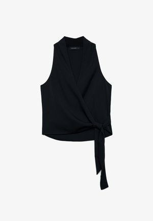 Top nero senza maniche con scollo a V profondo e dettaglio con fiocco laterale, progettato per una taglia piccola.