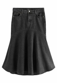 Sort denim a-linje nederdel med en fitted talje, flagrende kant og fremhævede sømme. Har fem lommer og metalknaplukning.