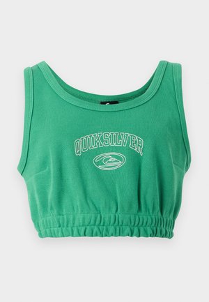 Zöld bordázott crop top rugalmas szegéllyel, elől fehér "Quiksilver" logó szöveggel és hullám emblémával.
